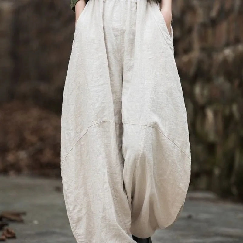 Elegant Cotton Linen Baggy Cargo y2k Pants Vintage Elastic Waist Trousers Loose Casual Long Wide Leg Oversize Clothes