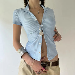 Xingqing Shirt y2k Fairycore Clothes Striped Lapel Collar Single Breasted Short Sleeve Blouse Top 2000s Club Streetwear