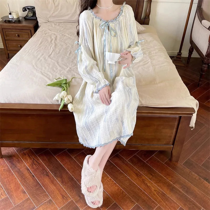Pajamas Dress Princess Style Sweet Long Sleeve Nightdress Round Neck Wide Striped Bow Cute Girly Midi Dress Night Wear