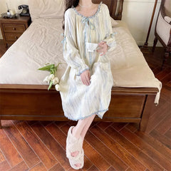 Pajamas Dress Princess Style Sweet Long Sleeve Nightdress Round Neck Wide Striped Bow Cute Girly Midi Dress Night Wear