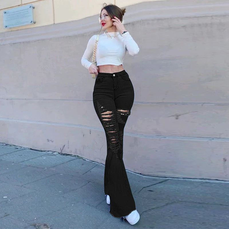 High Waist Black Flare Jeans Lady Bell Bottom Ripped Denim Pants Streetwear Distressed Classic Full Length Long Trouser