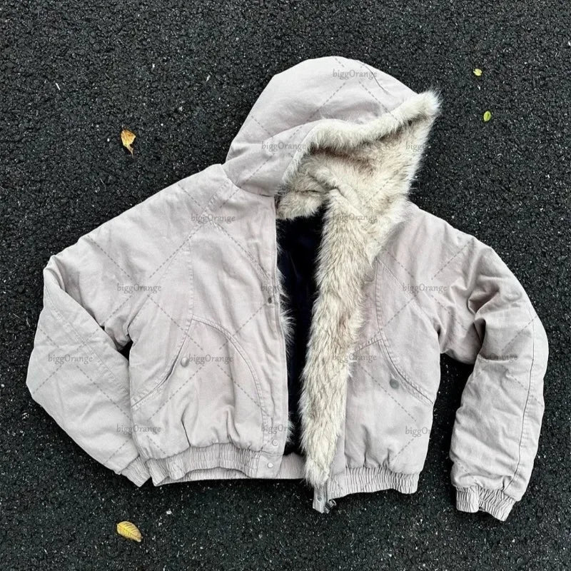Y2K American Black Retro Wool Collar Thickened Cotton Jacket