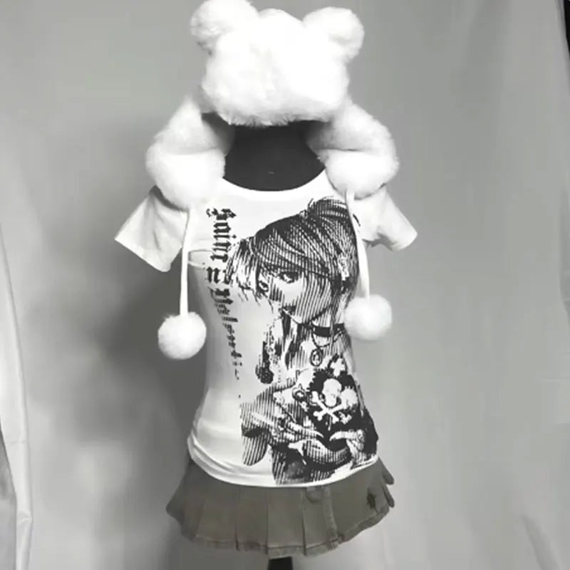 Y2k anime Streetwear O-neck 90s Text Printing Tops Harajuku Clothes Simple Vintage Crop Tee emo Casual T-shirt