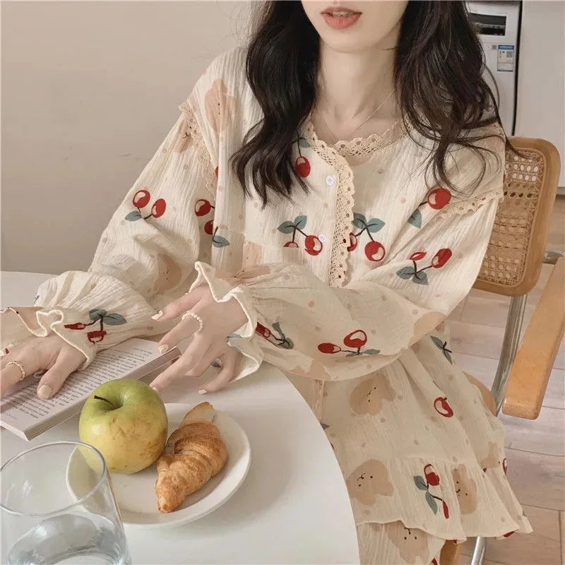 Princess Style Plus Size Student Nightwear Ladies Sweet Breathable Crew Neck Sleepwear Loungewear