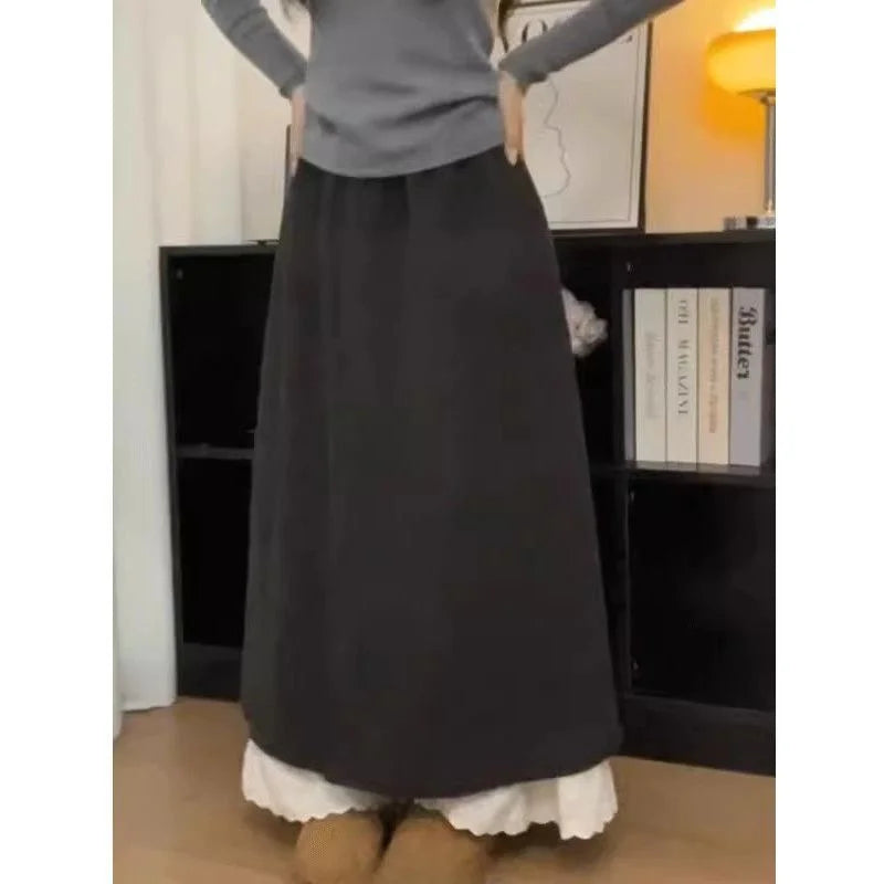 Casual Lace Trim Wide Leg Pants Fake Two-Piece Design Elastic Waist Patchwork Trendy High Waist Nine-Piece Length Polyester F...