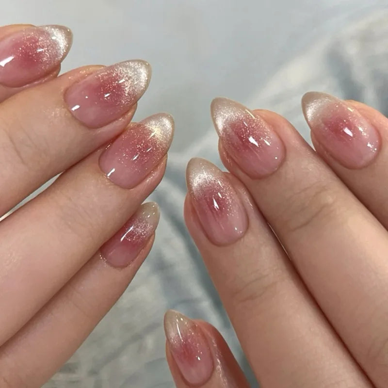 24Pcs Almond Pure Handmade Press On Nails Full Cover Butterfly French Pearl Diamond False Nails Wearable Manicure Nail Tips Art