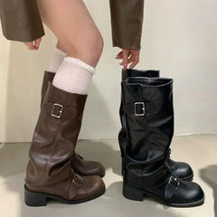 Boots Knee High Platform Chunky Heels Trend Punk Gothic Rock Leather Shoes Motorcycle Footwear Q221