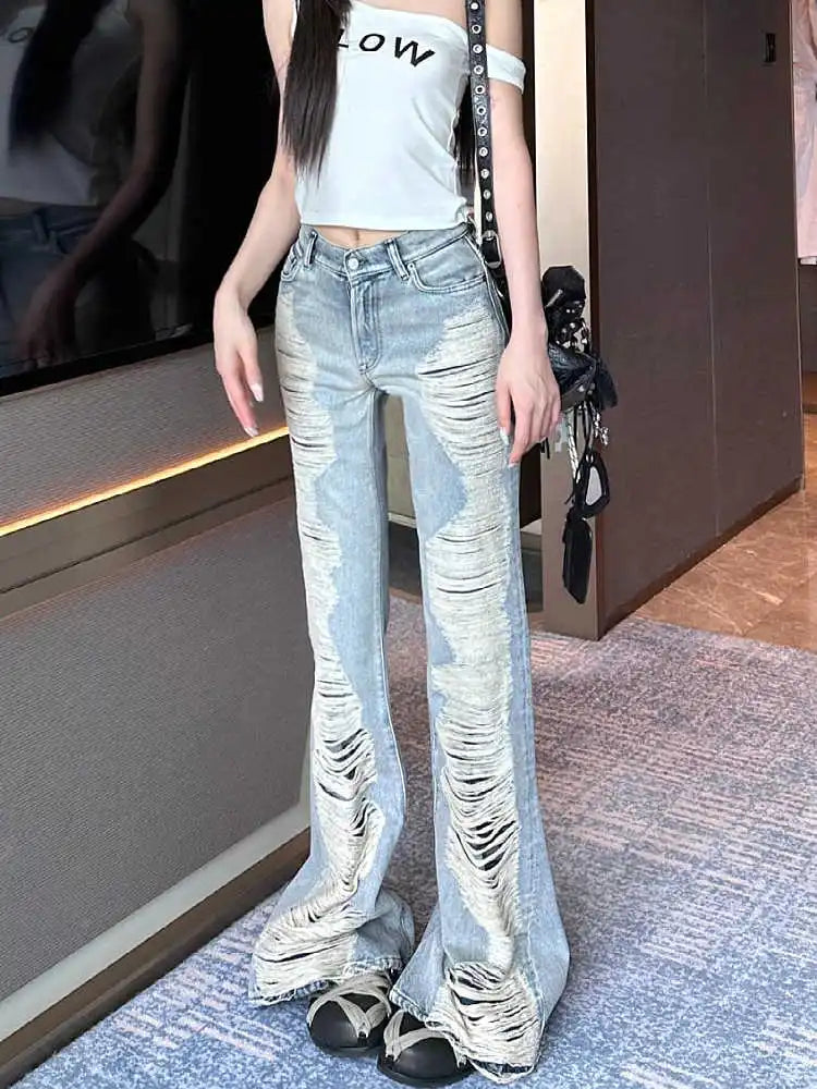 Goblin Core Abi Grunge Cyber Punk Flare Jean Y2k Japanese Harajuku Low Rise Ripped Denim Pants 2000s Bell-Bottom