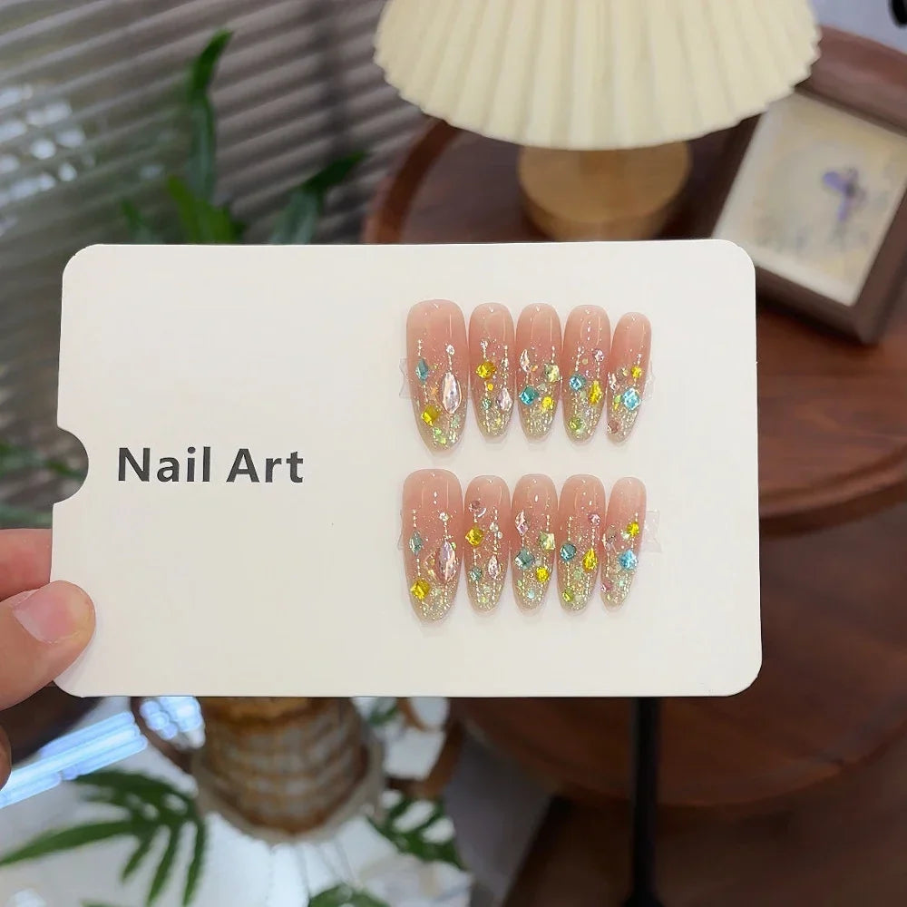 10Pcs Handmade Nude Color Press On Nails Sparkling Cat-Eye Cherry Star Marine Elements Sequins Cute Girlish Nail Suitable