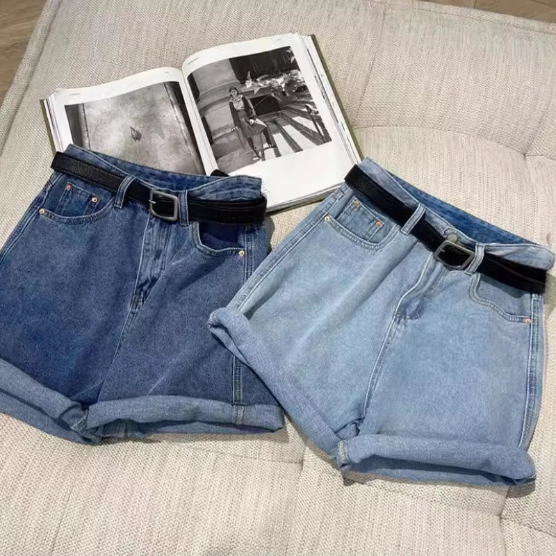 Korean Style Clothing Casual High Waist Denim Shorts Solid Color Loose Wide Leg A-line Pants