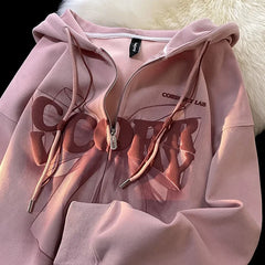 Slimming Effect Oversize Hoodie Loose Fit Printed Bubble Jacket Student Open Cardigan Outerwear Polyester Fiber