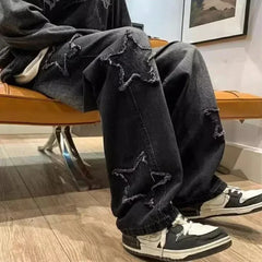 Stars Towel Embroidery Brown Jeans Y2K Clothes Straight Hip Hop Cotton Trousers Pantalon Homme