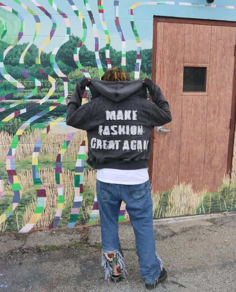 Gothic Oversized Letter Embroidered Patch Zipper Hoodie Y2K Harajuku Vintage Hip Hop Casual Couple Sweatshirt