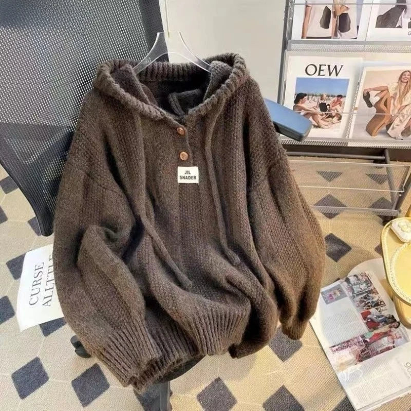 Pullovers Hooded Plus Velvet Thickening Button Design Tender Knitted Sweater All-match Casual Students Chic