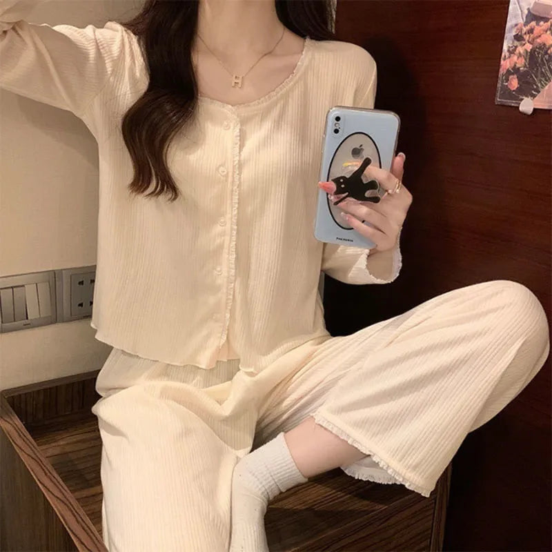 Floral Long Sleeve Fitting Sleepwear Two-piece Set Lace Trim Cotton Pajama Cute Casual Outable Home Suit Set