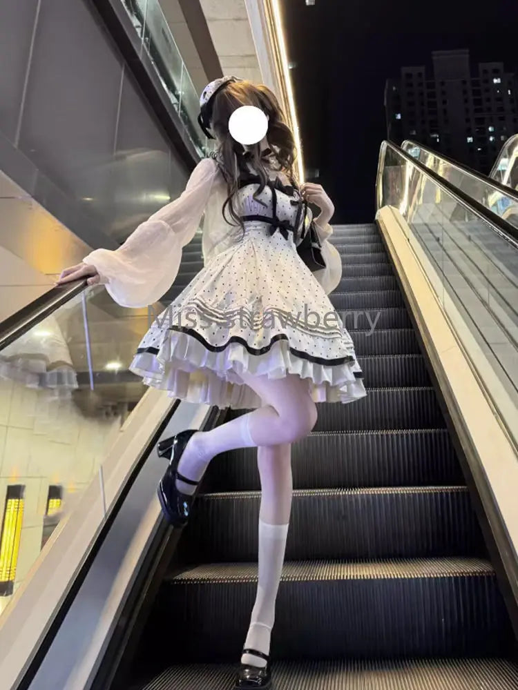 Design Sweet Kawaii Polka Dot Lolita Dress France Elegant Bow 2-piece Set Long Sleeve Short Cardigan