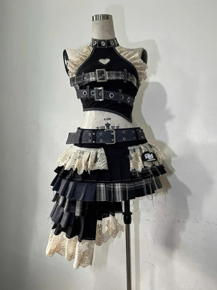 Vintage Elegant Y2K 2 Piece Sets Punk Gothic Strapless Crop Tops +High Waist Ruffle Skirt Party Outfits