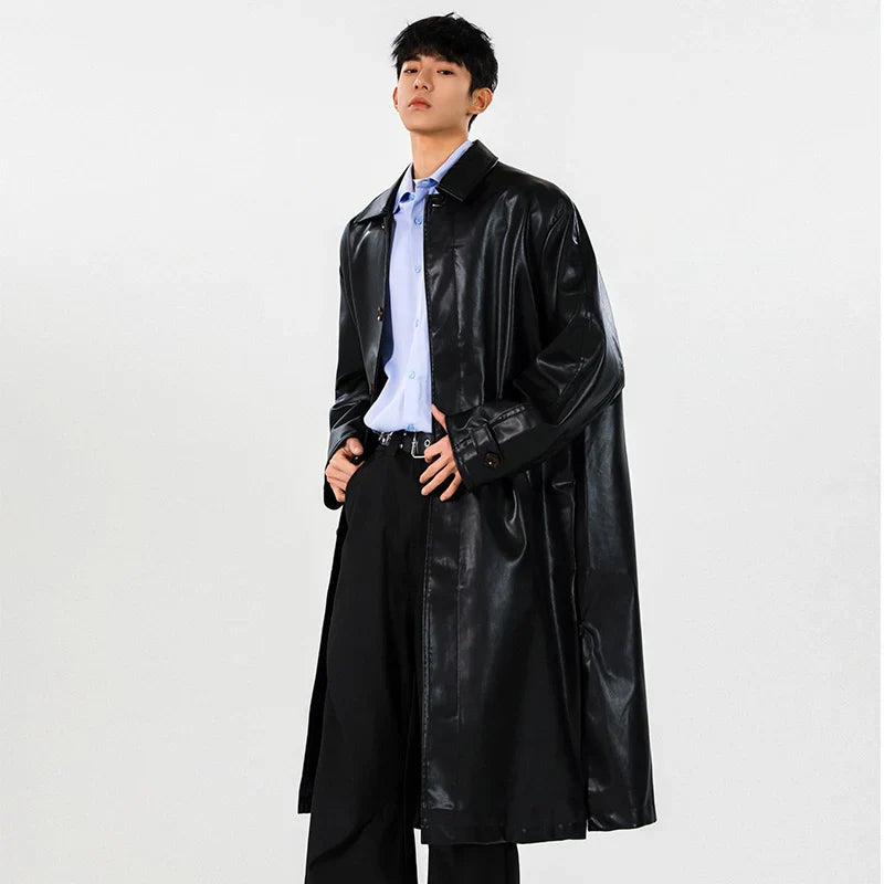 Mens PU Trench Coat Windproof Long Outerwear Jacketable Trendy Leather Coat