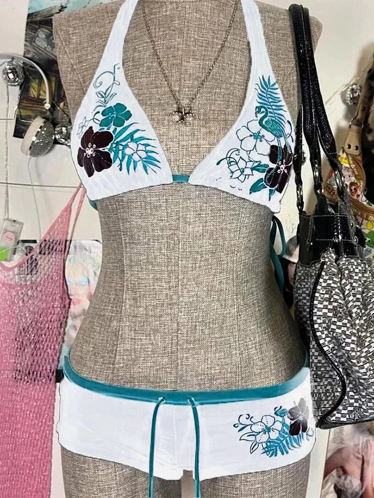 Vintage Flower print Cutie set Bikini 2000s Swimsuit Bathing Halter Strap Swimwear High Street Beach Female