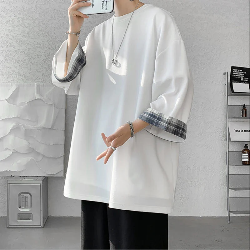 t shirts T-shirts Oversized 2XL Korean Style Loose Plaid T-shirt Casual Seven sleeves T-Shirt Male White