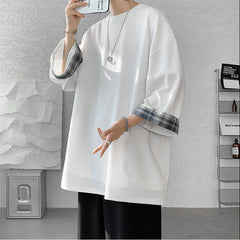 t shirts T-shirts Oversized 2XL Korean Style Loose Plaid T-shirt Casual Seven sleeves T-Shirt Male White