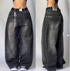American Hip Hop Retro Gothic Print Jeans Y2K Street Selling Loose Straight Wide Leg Pants Unisex Joker Jeans