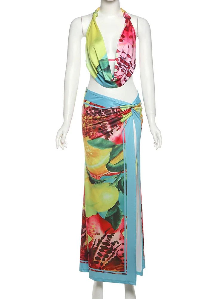 Weird Puss Colorful Leopard 2 Piece Set Y2K Beach Vacation Halter Tank Tops+Wrapped Maxi Skirts Matching Vacation Clubwear