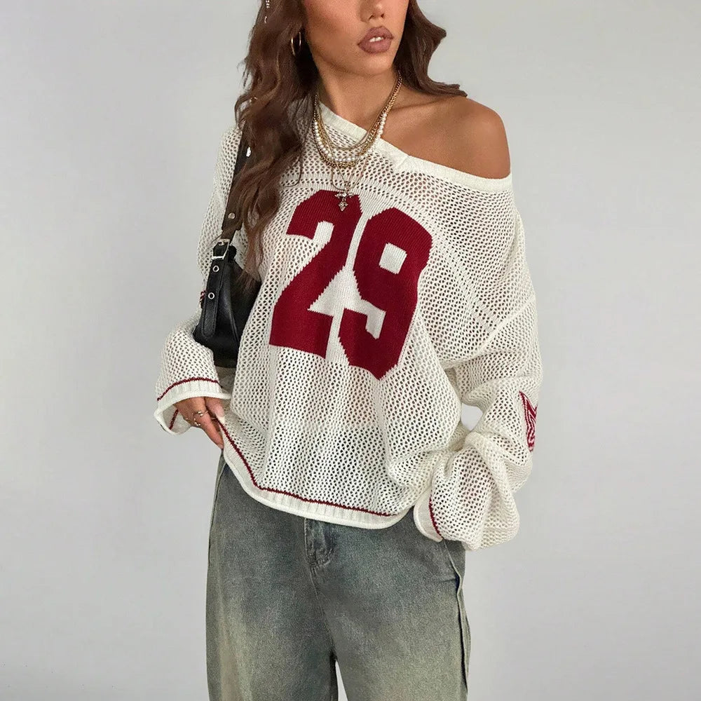 Y2K Style Sports Jersey Knitted Topsable Digital Printed Round Neck Long Sleeve Jumper Street Trend