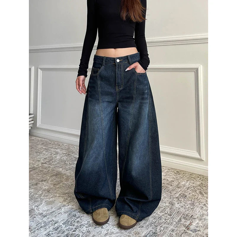 Blue Retro Y2K 2000s Wide Leg Baggy Casual Denim Trouser High Waist Loose Jeans Harajuku Full Length Pants