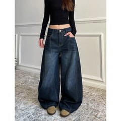 Blue Retro Y2K 2000s Wide Leg Baggy Casual Denim Trouser High Waist Loose Jeans Harajuku Full Length Pants