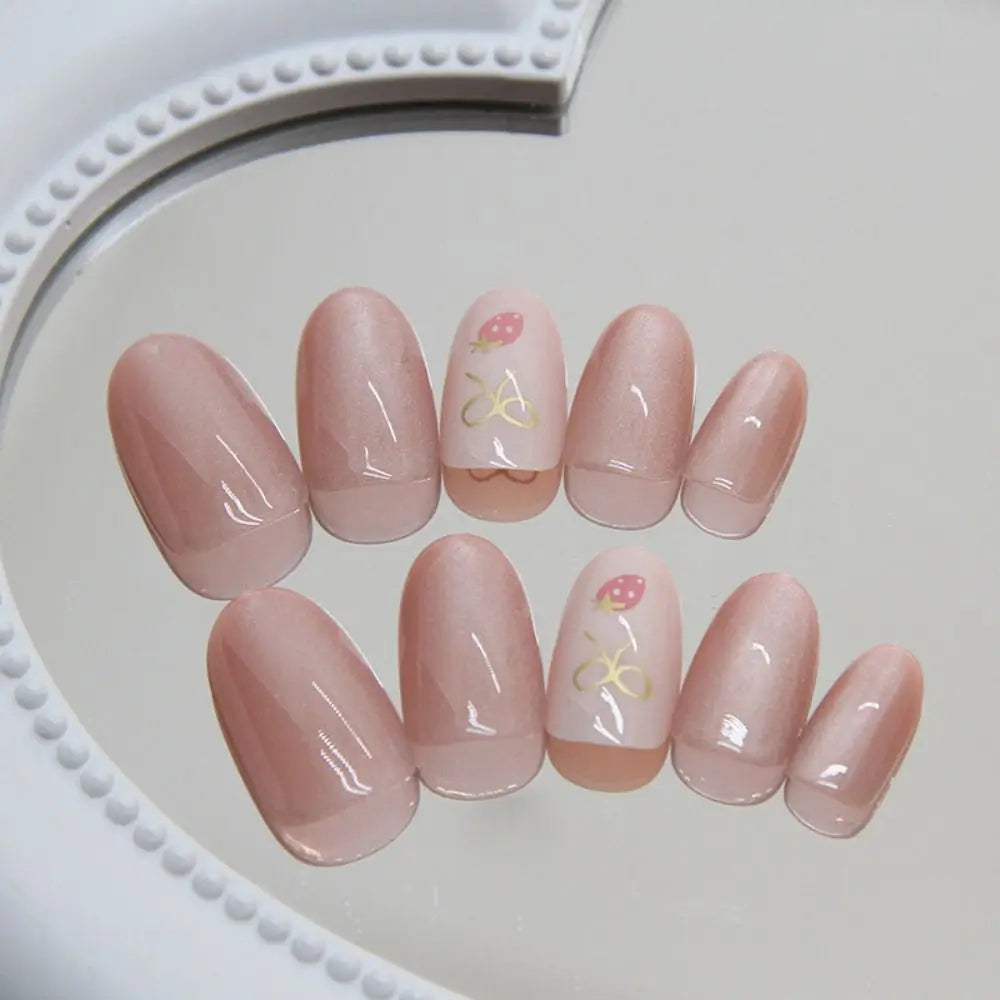 24pcs Oval False Nails French Strawberry Butterfly Cat Eye Press on Nails Fake Nails DIY Manicure Detachable Nail Tips