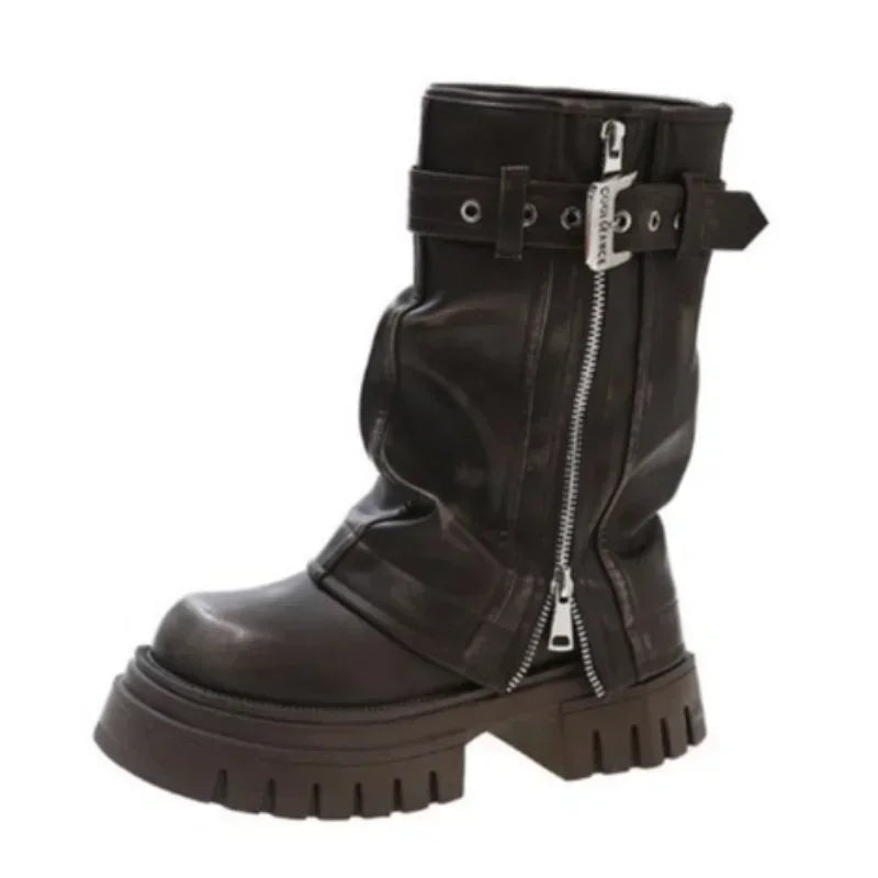 Biker Boots Belt Buckle Ladies Elegant Platform Long Pipe Booties Casual Knee High Booties2025