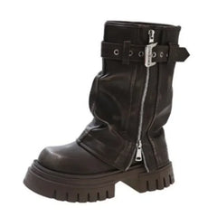 Biker Boots Belt Buckle Ladies Elegant Platform Long Pipe Booties Casual Knee High Booties2025