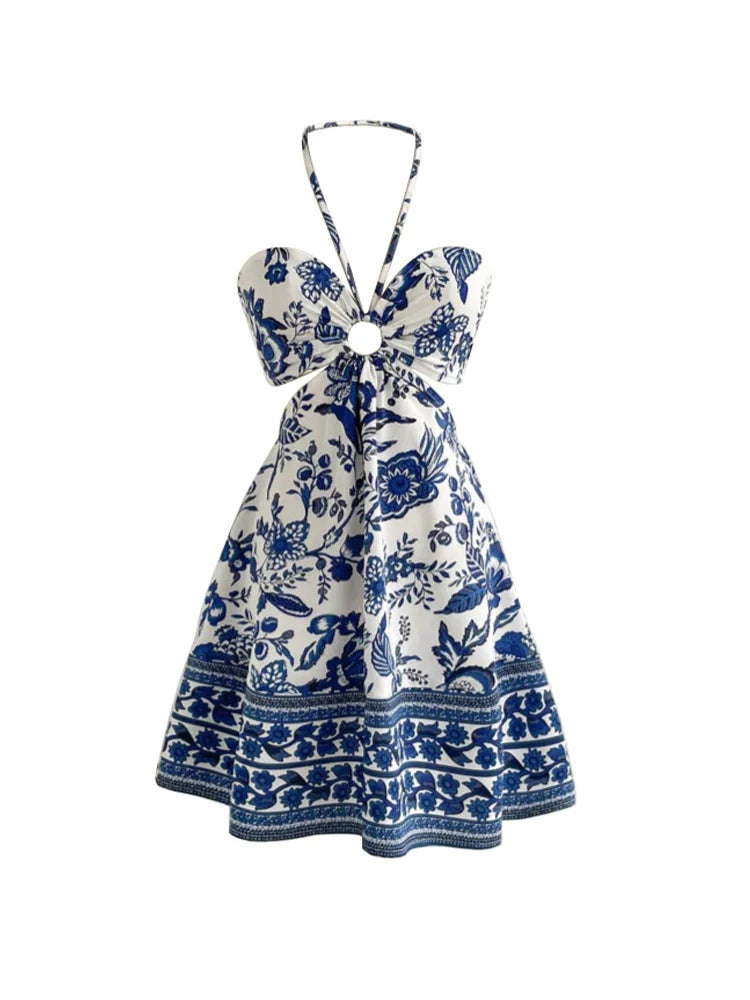 Romantical Floral Print Halter Neckable Dress Easy to Create Lazy Stylish Vacation Style Dress