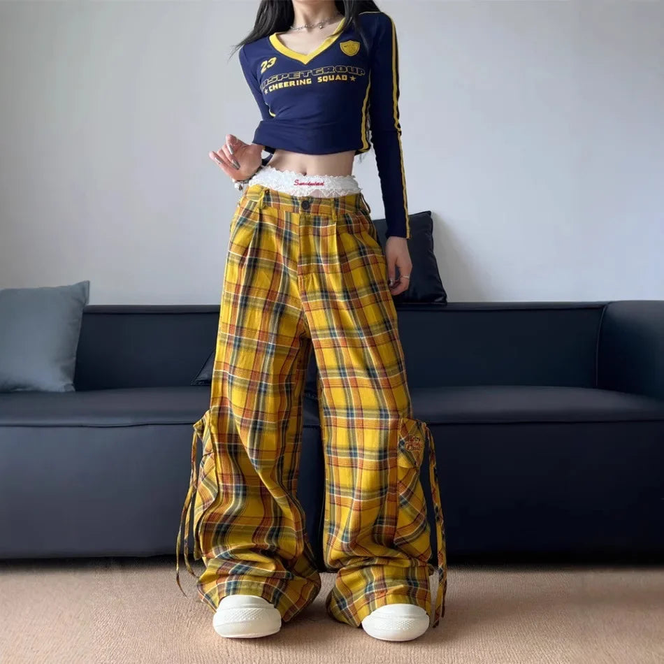 American Style Streetwear Large Pocket Red Plaid Work Casual Pants Loose-Fit Wide-Leg Drag Pants