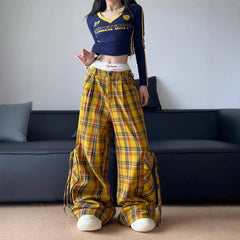 American Style Streetwear Large Pocket Red Plaid Work Casual Pants Loose-Fit Wide-Leg Drag Pants