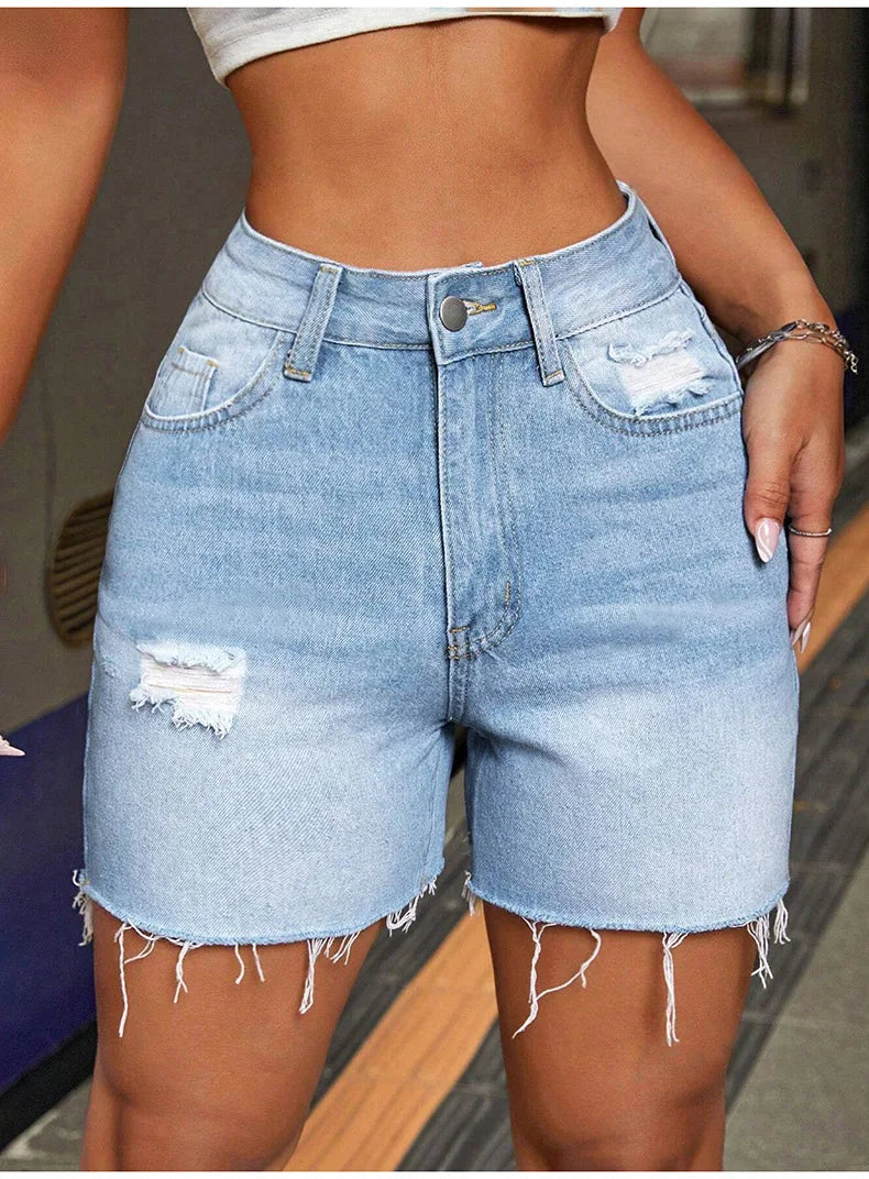 Short Jeans Casual Holes High Waist Trousers Button Straight Pants Streetwear Club Beach Mini Lenth Mom Jeans