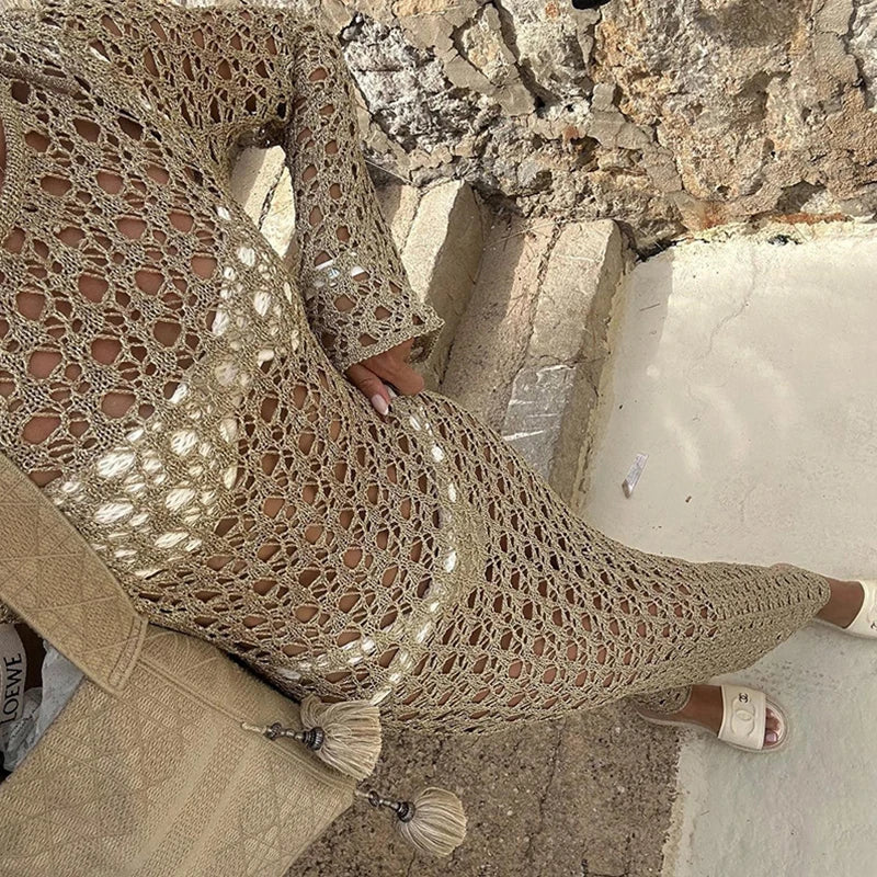 Round Collar Long Sleeve Wrap Dress Knitting Hollow Out Beachwear Cover Up Holiday Beach Elegant Long Dress