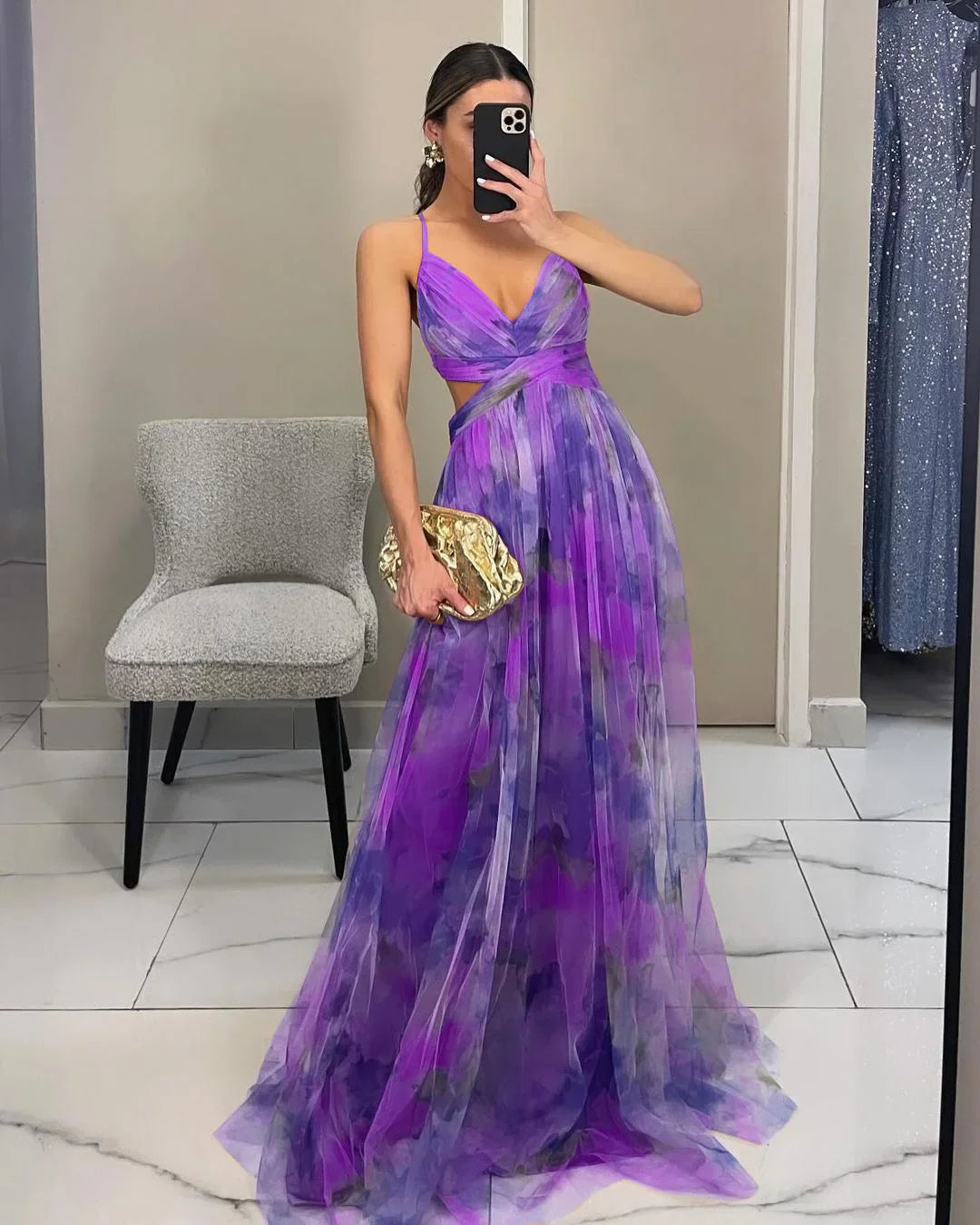 Elegant Print Pleated Mesh Evening Dress Off Shoulder Ins Vacation Long Dress V Neck High Waist Backless Sling Dress