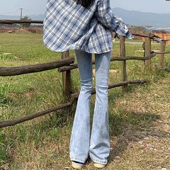 Elastic High Waist Bell Bottom Jeans High Street Designer Flare Pants Lady Blue Black Gothic Denim Trousers