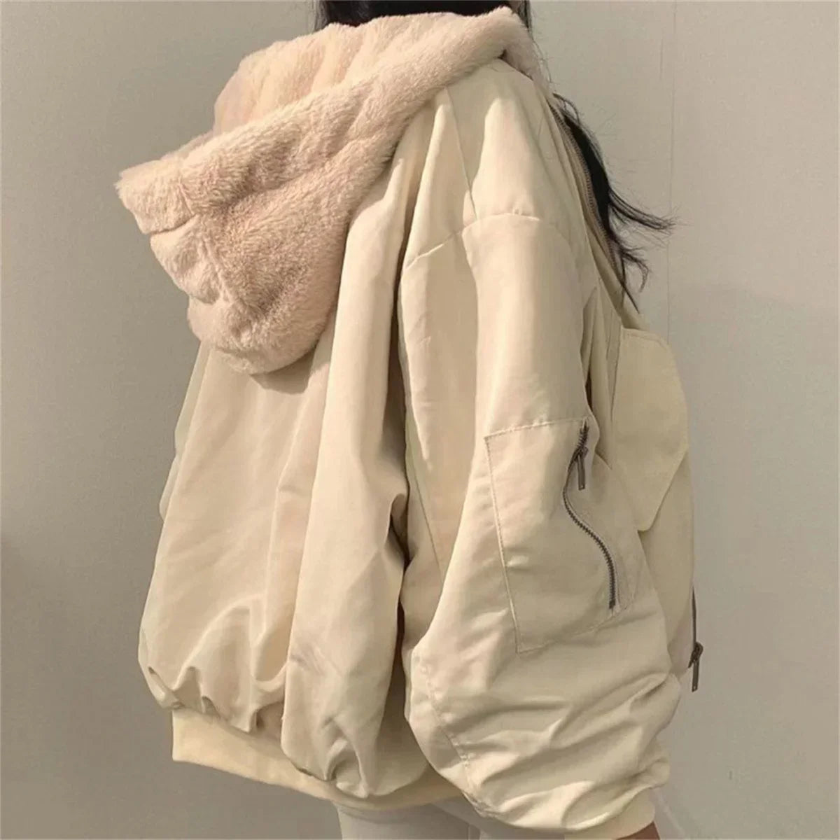 Both Sides Thicken Coat Zipper Hooded Jacket Oversized Elegant Solid Warm Coats Casual Ladies Outerwear