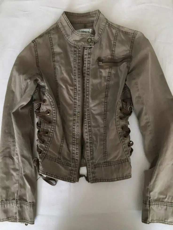 Y2K Retro Army Green Zipper Jacket Harajuku Slim Fit Denim Jacket Short Stand Collar Coat Goth Clothing