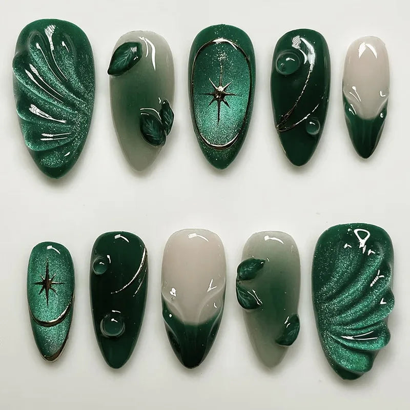 24pcs Short Almond False Nail Art Starlight Rhinestone Design Nails Tip Green Full Cover Nail Set Datachable Press on Fake Nails