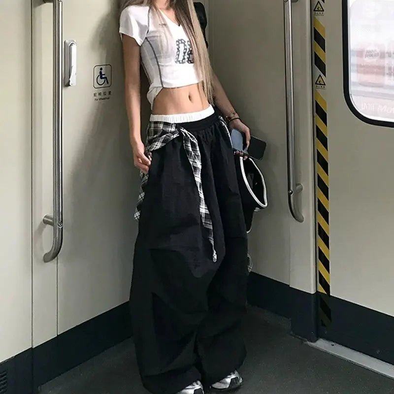 Y2K Black Cargo Pants Streetwear Plaid Patchwork Baggy Sweatpants Harajuku Wide Leg Joggers Korean Casual Trousers