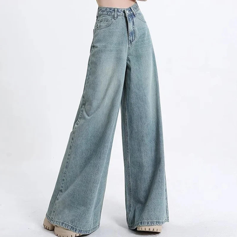 High Waist Korean Slacks Wide Leg Jeans Girls Punk 90s Vintage Denim Straight Leg Pants Light Blue Baggy Trousers