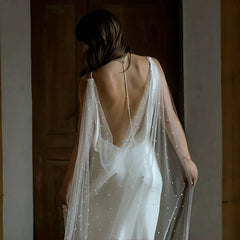 Elegant Beaded Pearl Bridal Cape Veil Off Shoulder Bolero Shawl Wedding Jacket