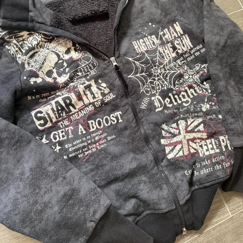American Skull Print Hoodie Y2K Vintage Rock Hip Hop Gothic Casual Joker Plus Velvet Padded Sweater