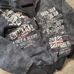 American Skull Print Hoodie Y2K Vintage Rock Hip Hop Gothic Casual Joker Plus Velvet Padded Sweater