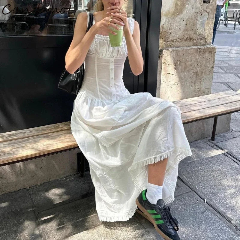 CandyElegant Square-neck White Maxi Dress Casual Slim Lace Up Sleeveless Dreses French Party Beachwear Vestidos