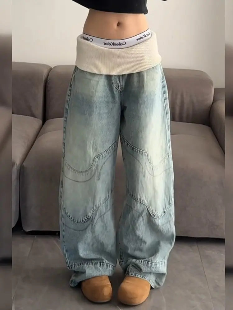 American Retro Ribbed Waistband Loose Wide Leg Jeans Distressed Washed Straight-leg Jeans Harajuku Style Girl Y2k Trousers